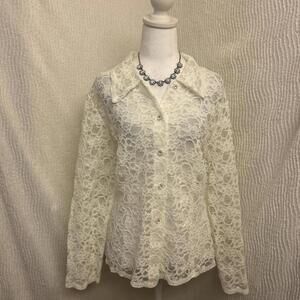 Vintage Lace Button Down Shirt Women’s White Crystal Buttons USA Made